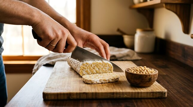 Slicing fresh raw tempeh on a wooden cutting board in a rustic kitchen next to a bowl of soybeans