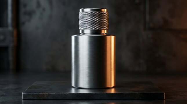 Minimalist design of a machined metal cylinder with a knurled top standing on a dark platform in a workshop setting.