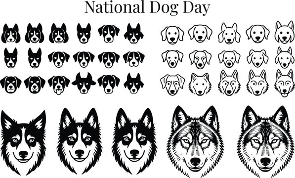 Extensive collection of dog and wolf head illustrations celebrating National Dog Day