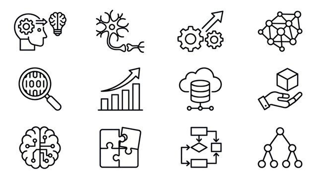 AI and Data Science Icons Set: Technology, Brain, Network, Growth, Cloud