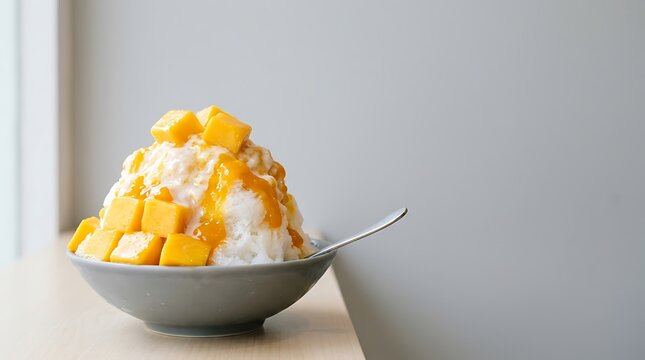 Delicious mango bingsu shaved ice dessert topped with fresh mango cubes and sweet syrup in a bowl