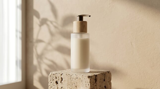 Minimalist cosmetic glass pump bottle with wooden cap on travertine stone podium against warm beige plaster wall with leaf shadow