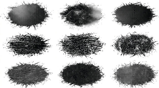 Grunge halftone splatter circles vector set with distressed ink textures for street art graphics