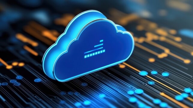 A glowing blue cloud icon hovers over a circuit board, representing cloud computing against a vibrant tech-themed background of orange and blue lines.