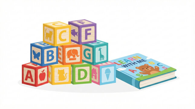 Colorful alphabet blocks stacked beside an educational storybook for early childhood literacy and preschool learning activities on a white background