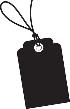 Black gift tag with loop and string on transparent checkered background for labeling