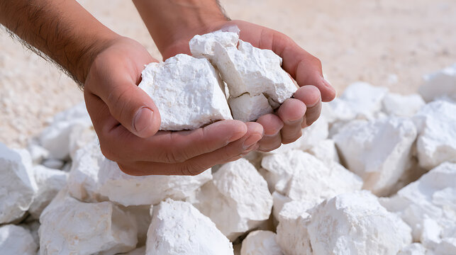 Hands hold pure white mineral rocks, a close up show of natural calcite or gypsum, highlighting industrial raw material for construction and agriculture