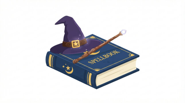 A magical blue spellbook adorned with a purple conical hat and a glowing wooden wand resting on top isolated on a clean white background for fantasy art