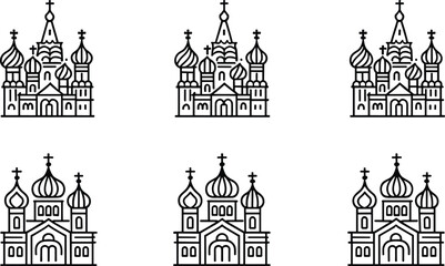 PrintRussian orthodox church cathedral outline icons set featuring onion domes kremlin architecture landmarks isolated on white background © MdSohel
