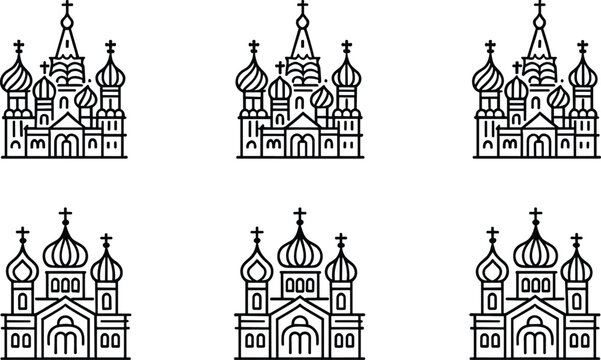 PrintRussian orthodox church cathedral outline icons set featuring onion domes kremlin architecture landmarks isolated on white background