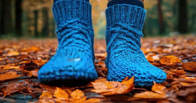 Cozy knitted footwear standing on autumn foliage close up view