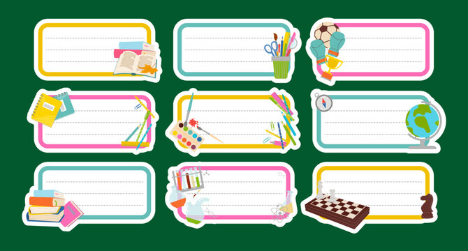 A set of rectangular school tags and name badges for kids featuring books, paints, globe, and sports gear. Vector illustration