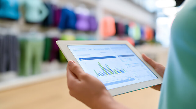 Woman hold tablet for a business data analytics display, focus on hand and screen. Retail store management technology for sales