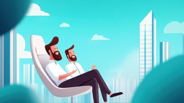 A man and his smaller clone sit together on a large chair, smiling at a vibrant cityscape under a clear blue sky.
