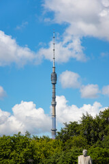 Fototapeta premium Ostankino Television Tower close up, Moscow, Russia. Russian TV and Radio Broadcasting Network - Moscow, Russia