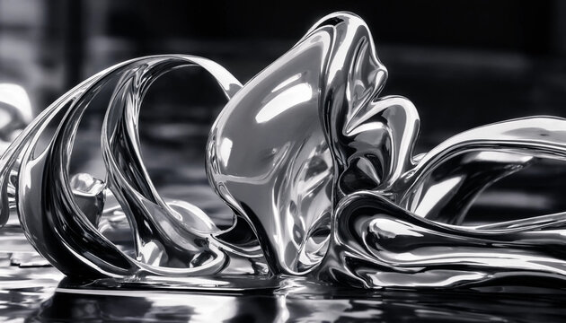 Abstract chrome liquid metal sculpture with twisted flowing shapes and contrast reflections on a dark reflective surface background