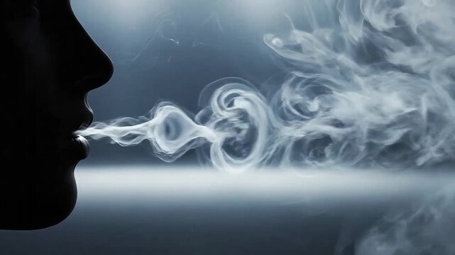 Silhouette of a person exhaling smoke.