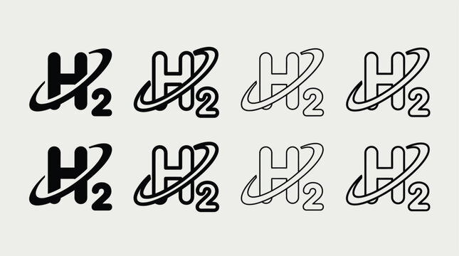 Hydrogen fuel h2 chemical formula set in solid black, bold outline, and thin line styles on light background