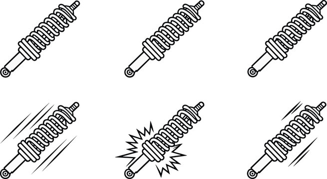  shock absorber and vehicle suspension coil spring line icons for mechanical engineering transportwooden wagon wheels and antique carriage transporta