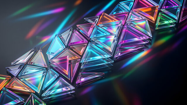 Prismatic Triforce: A striking composition of interconnected triangular prisms refracting vibrant spectrums of light, creating an abstract dance of color and form on a dark backdrop.
