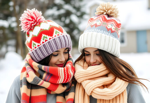 Two women wearing colorful winter hats and scarves outdoors