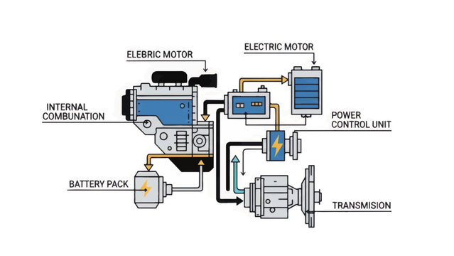 Hybrid Electric Vehicle (HEV) Powertrain Diagram. Engine, Motor, Battery, PCU, and Transmission System Schematic.