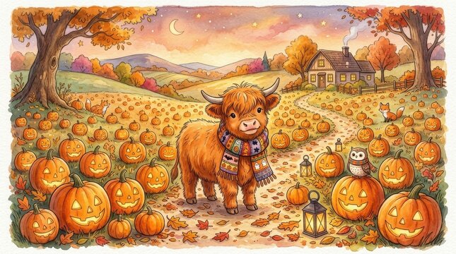 Baby Highland Calf in Pumpkin Patch