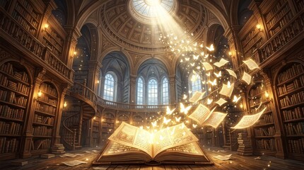 Naklejka premium Grand Enchanted Library with Glowing Magic Book