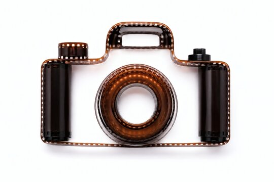 Camera shape silhouette made from vintage film rolls and strips with photography silhouette negative creative photographic shooting development
