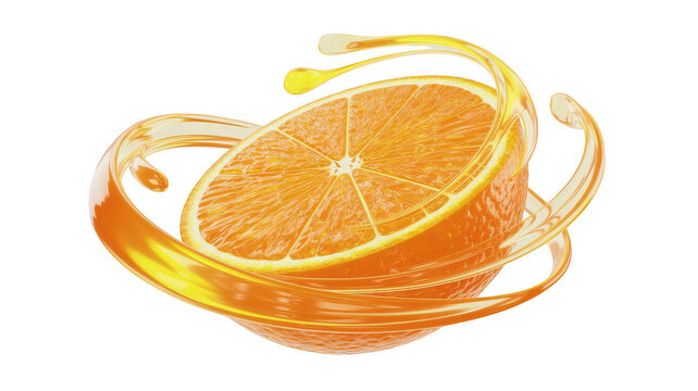 A ripe half of an orange fruit encircled by a flowing stream of transparent golden orange juice on a white background