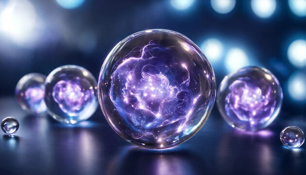 Glowing purple energy spheres floating in a dark space with soft bokeh lights and electrical discharges inside transparent glass orbs