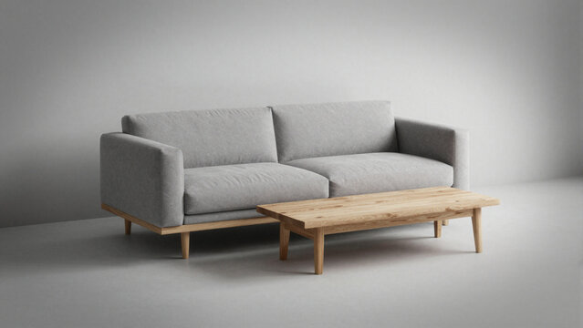 modern gray sofa with wooden coffee table in minimalist studio setup