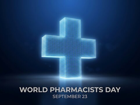 Glowing digital cross made of small lights celebrating world pharmacists day on september twentythree