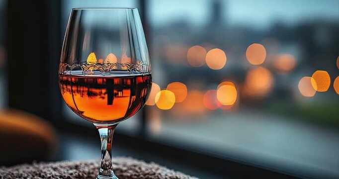 Amber liquid in a glass with bokeh background