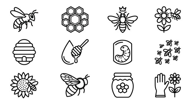 Beehive Icons: Honey, Queen Bee, Swarm, Flower, Honeycomb