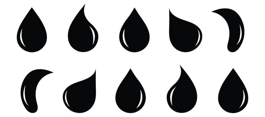 Fototapeta premium Black and white water drop icons, aqua droplets and rain symbols