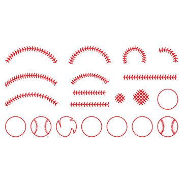 Red Baseball Laces and Stitches Vector Elements Set for Sports Vector Design. 