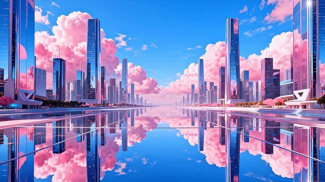 Futuristic cityscape with reflective water