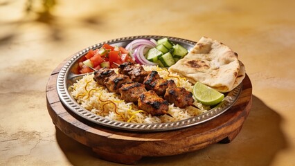 Fototapeta premium Authentic mixed grill platter with tikka boti, seekh kabab, pulao, roti, lime slices, and fresh vegetables.