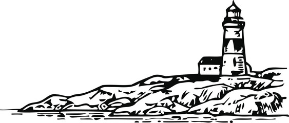 A solitary lighthouse stands tall on a rocky coastline during a clear day rendered in a classic engraving vintage style for maritime themes © Mahi Fattah