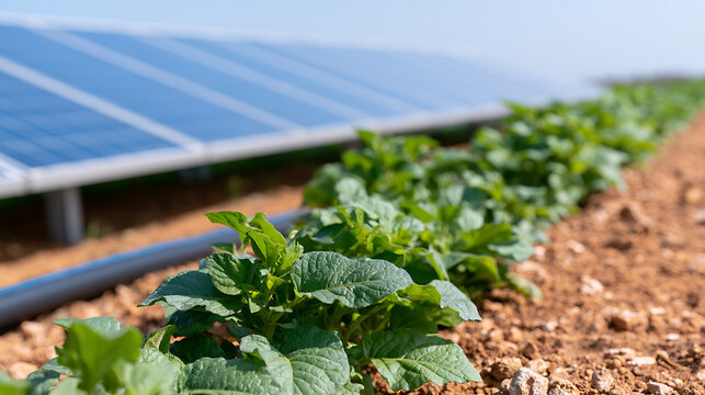 Fresh green crops grow beneath modern solar panels in an agricultural field, depicting sustainable farming and renewable energy integration under a clear sky
