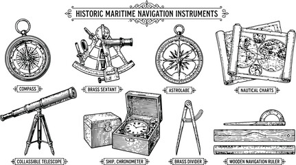 Engraving vintage maritime navigation instruments with compass sextant astrolabe and nautical charts for exploration © Mahi Fattah