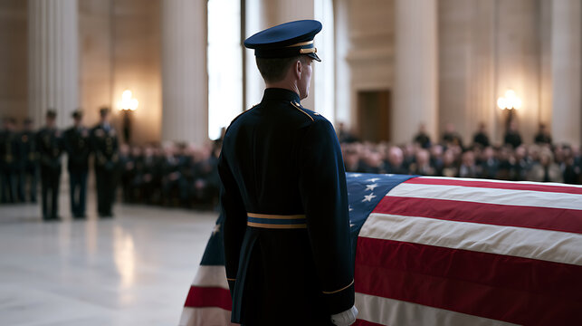 Solemn military official stands guard over a flag-draped casket, honoring valor and sacrifice in an indoor ceremonial setting with blurred observers