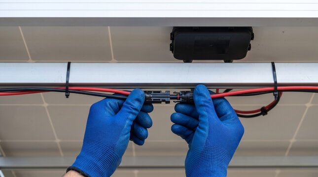 Technician Connecting MC4 Solar Cables Beneath Photovoltaic Panel