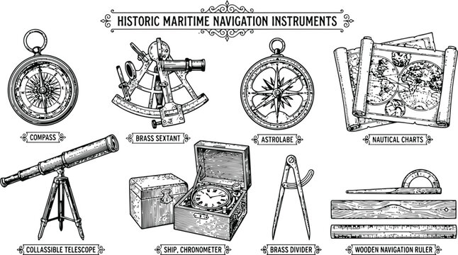 Engraving vintage maritime navigation instruments with compass sextant astrolabe and nautical charts for exploration