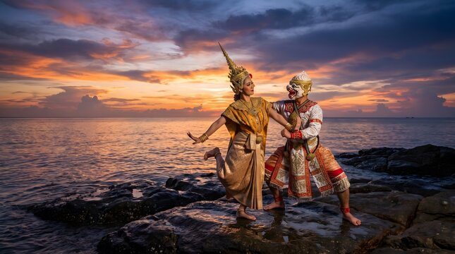 Thai Khon Dancers Posing on a Rocky Ocean Beach at Sunset
