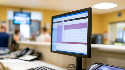 Fototapeta premium Computer Monitor Display Schedule at Medical Office or Reception Area, Healthcare Facility with Blurred Background People