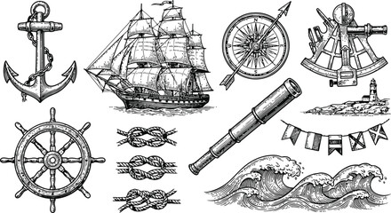 Nautical voyage elements in engraving vintage style during a maritime exploration with a sailing ship and navigational tools © Mahi Fattah