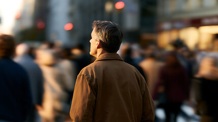 Fototapeta premium Adult man with gray hair in a brown coat standing among blurred crowd on a busy city street, looking away in thought during golden hour