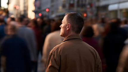 Fototapeta premium Man looks ahead, surrounded by a blurry crowd on a busy city street at dusk, illustrating urban life and individual experience